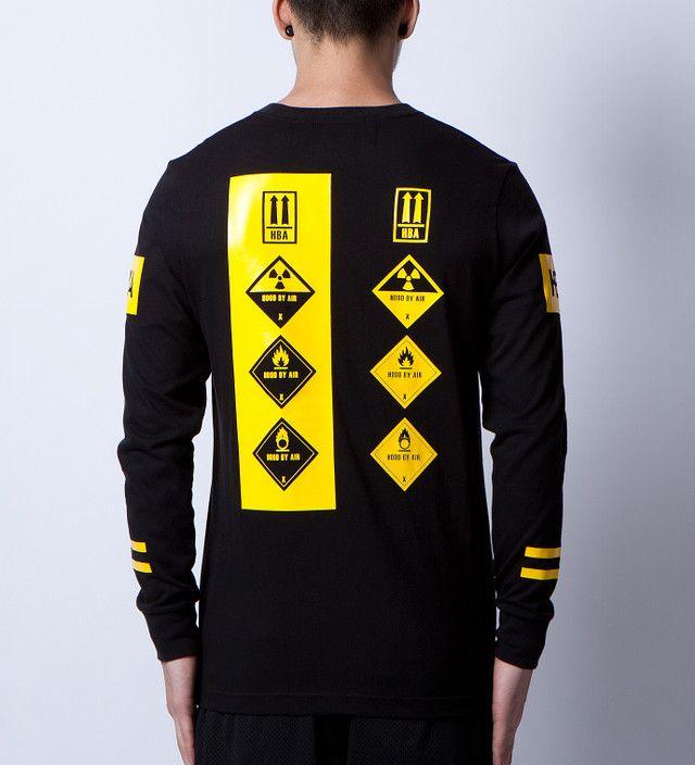Long Sleeve Hood by Air Logo - Hood By Air. - Black Logo With Varsity Arm in Yellow L/S T-Shirt | HBX