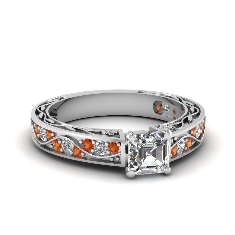 Three Orange Rings Logo - Antique Filigree Asscher Cut Diamond Engagement Ring With Orange