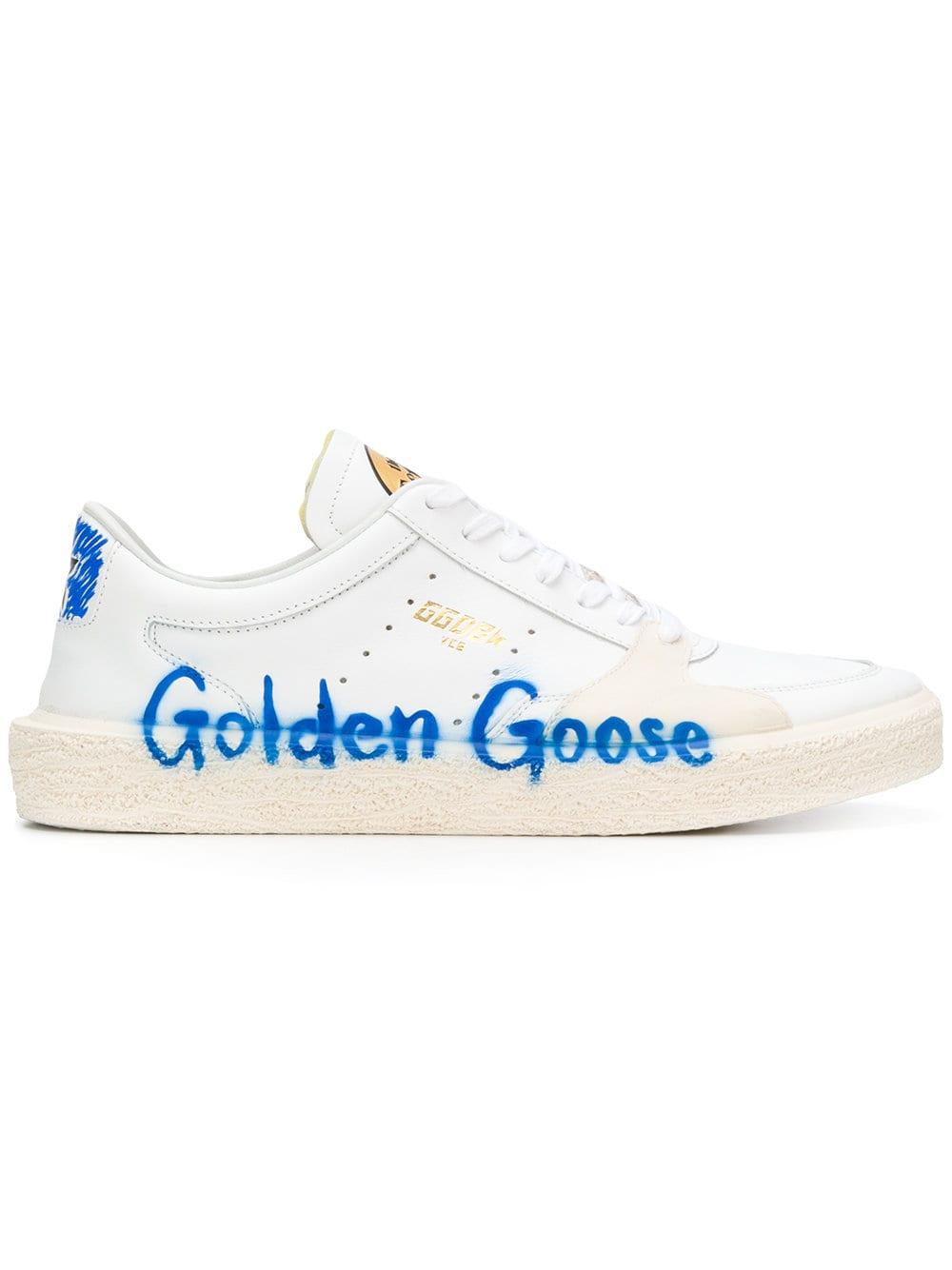 White and Blue Shoe Brand Logo - Golden Goose Deluxe Brand logo print sneakers D1 WHITE/ BLUETTE ...