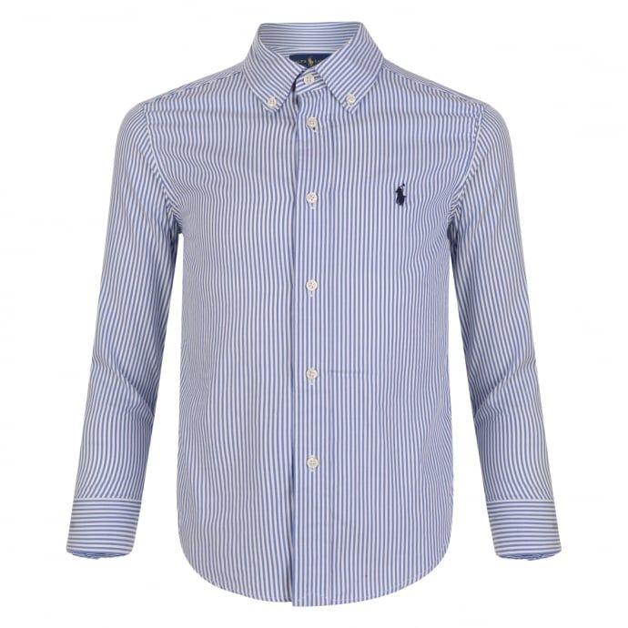 White and Blue Clothes Logo - Ralph Lauren Boys White and Blue Striped Shirt with Navy Logo ...