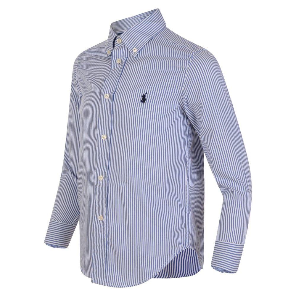 White and Blue Clothes Logo - Ralph Lauren Boys White and Blue Striped Shirt with Navy Logo