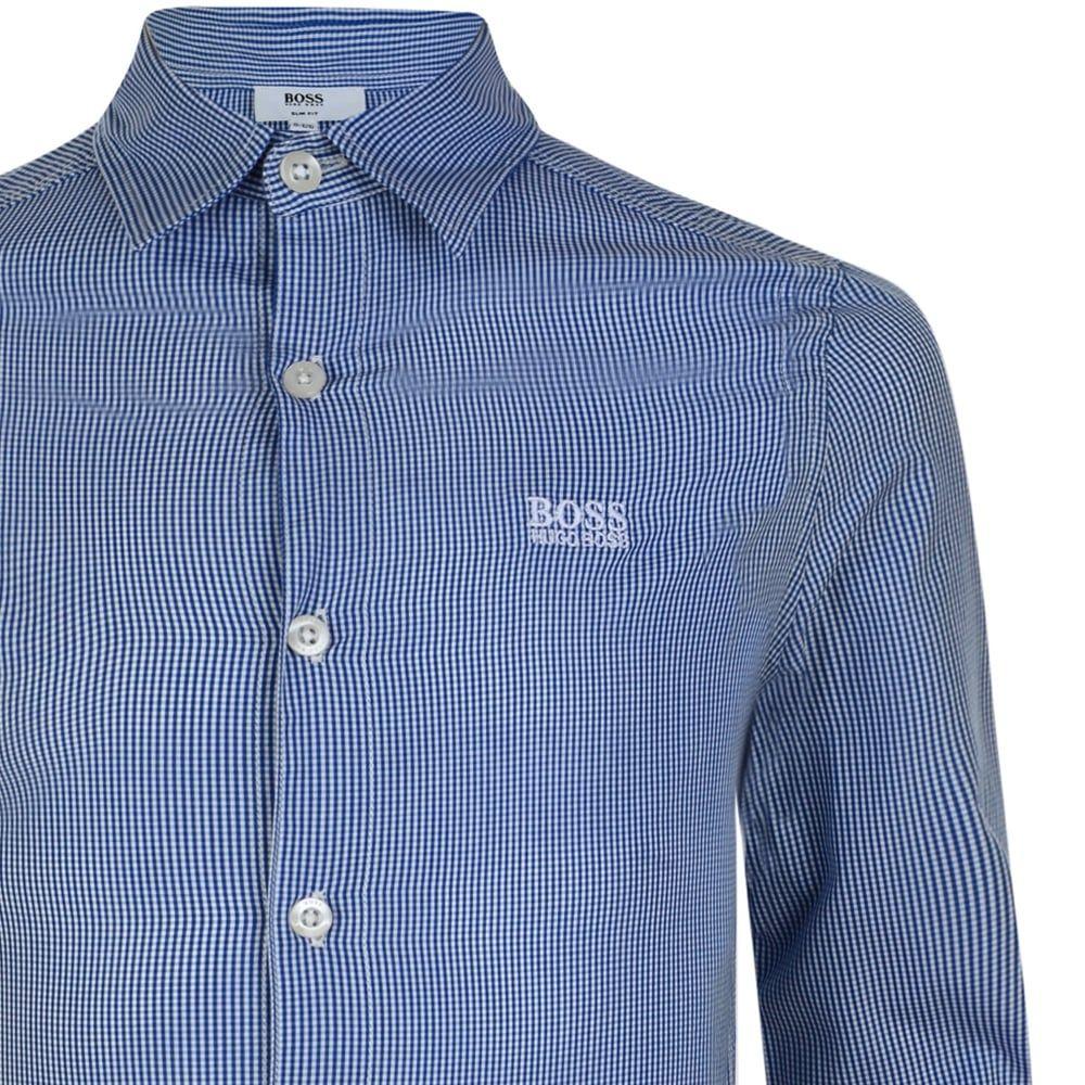White and Blue Clothes Logo - BOSS Kids Boys White and Blue Checked Shirt with Logo Embroidery