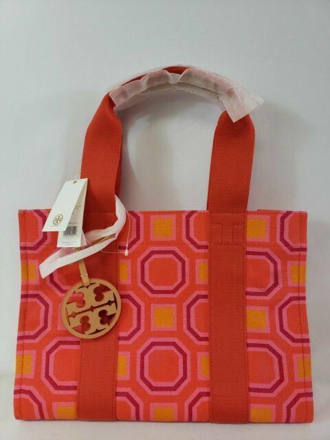 Orange Octagon Logo - Tory Burch Printed Vivid Orange OCTAGON Square Canvas Leather Tote