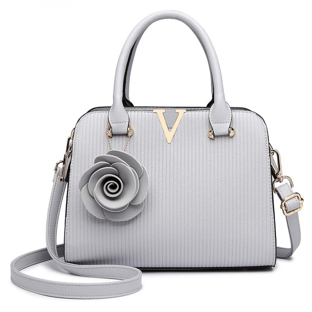 Silver V Logo - LG1848-MISS LULU PU LEATHER V LOGO HANDBAG ROSE HANGING GREY