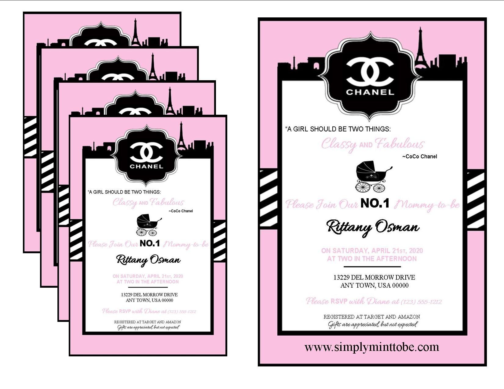 Classy Pink Chanel Logo - Coco Chanel Inspired White and Pink Baby Shower Invitations