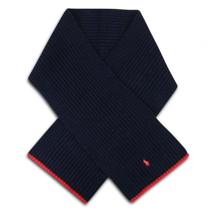 Red and Navy Blue Logo - Ralph Lauren Boys Navy Blue Knitted Scarf with Red Trimming