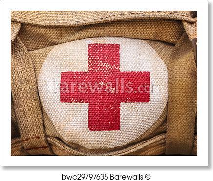 Old Red Cross Logo - Art Print of Red cross medical aid symbol on an old army bag ...