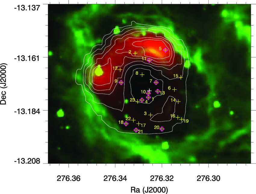 Inside Other Two Red Diamonds Logo - Two color image, 8 µm in red and 20 cm in green with contours,which ...