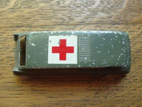 Old Red Cross Logo - Midgetoy, green ambulance, 1957 old toy, van, red cross