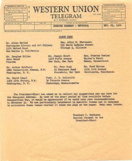 Western Union Telegram Logo - Western Union Telegram from Theodore Sorensen | The Inauguration of ...