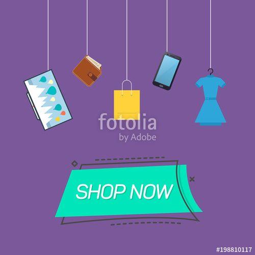 Shop Now Logo - Shop Now logo and goods hanging on purple background. Stock image