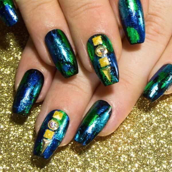 Blue Green and Gold Logo - Sea Me Shine Foil Design False Nails & Green with Gold Deco