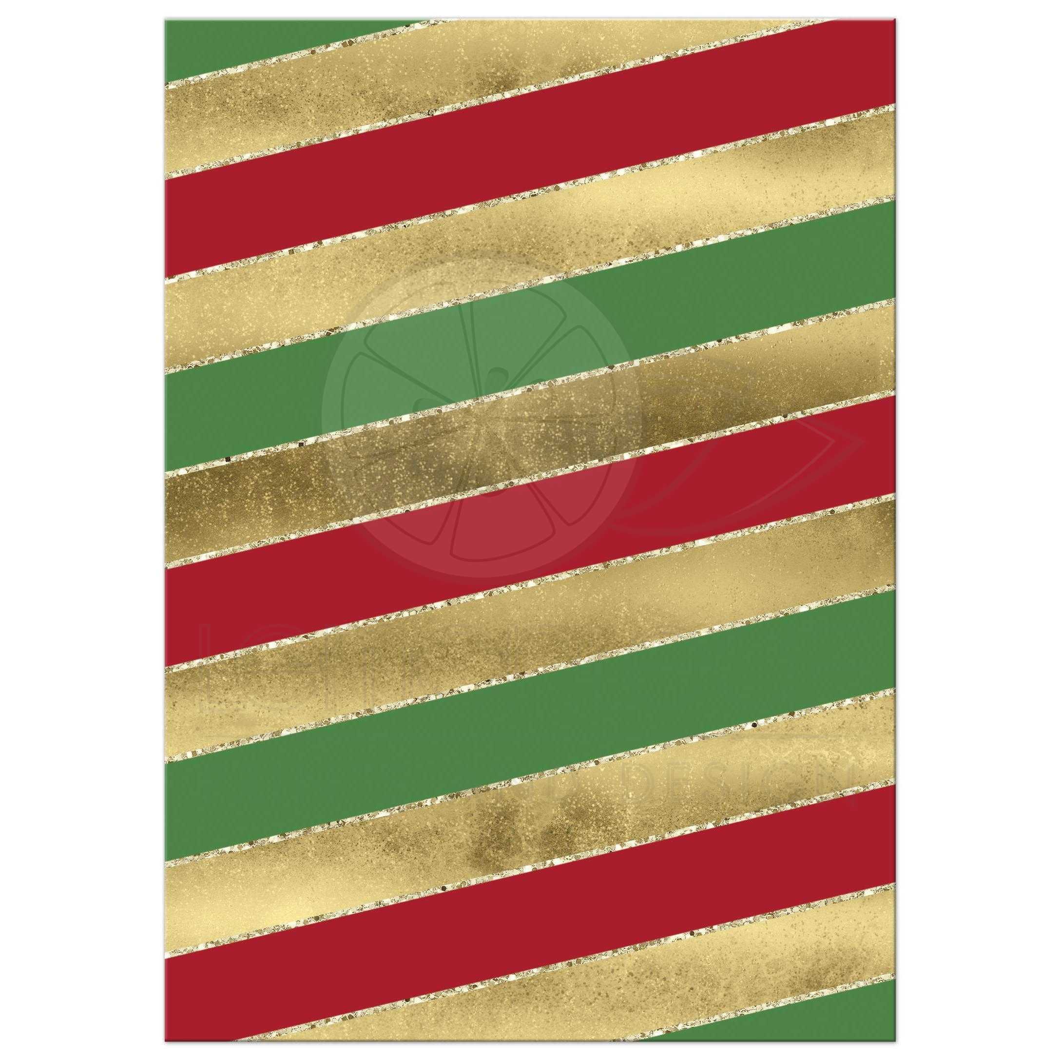 Red and Green with Gold Logo - Holiday Party Invitation. Red, White, Green Candy Cane Stripes