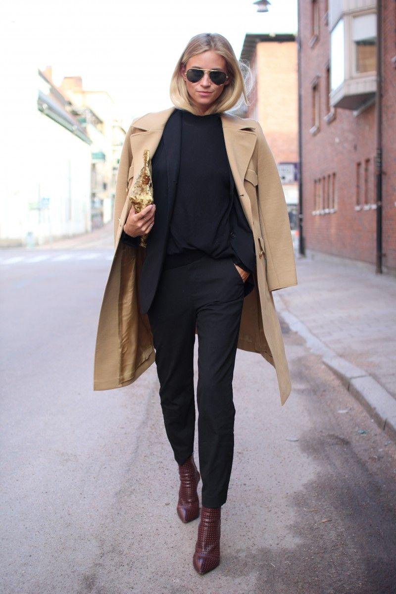 Camle with Black C Logo - Hip and cool. Camel trench, all black, and sharp tan boots. #casual
