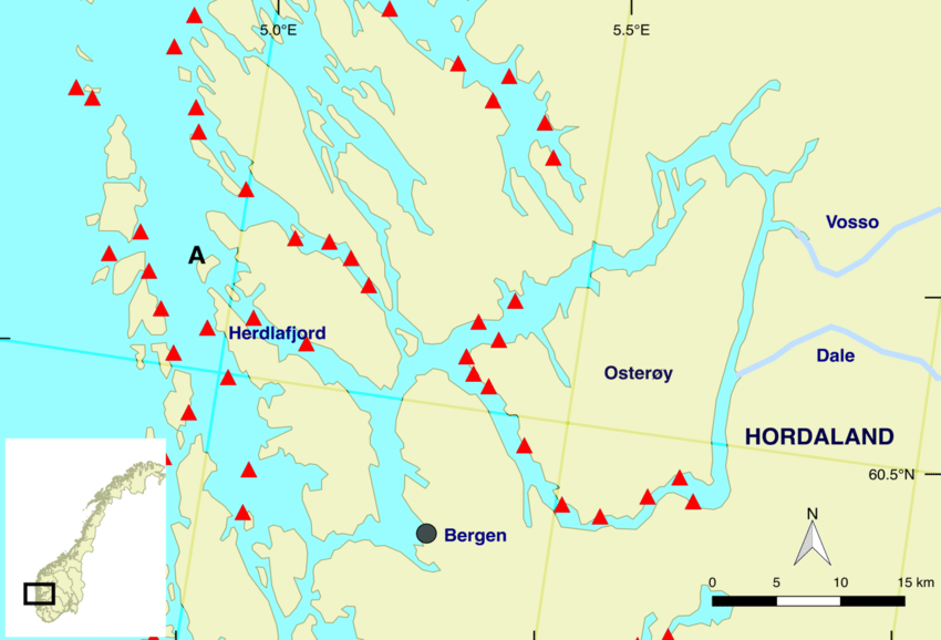 Blue Red Triangle Logo - A map showing smolt collection site (A), fish farms (red triangle