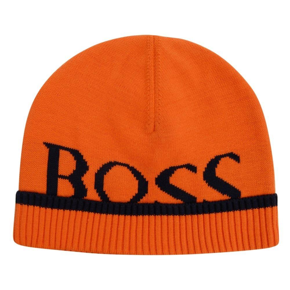 Orange and Navy Logo - BOSS Kids Boys Orange Beanie Hat with Navy Trimming and Logo