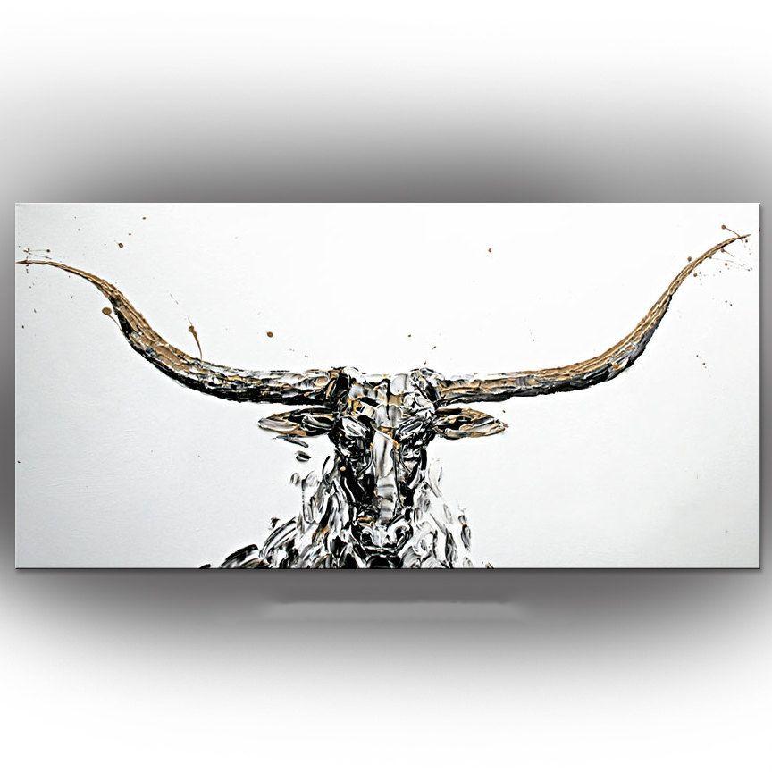 White Bull Logo - Hand Painted Abstract Black Golden White Bull Palette Knife Oil ...