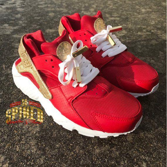 Red and Gold Nike Logo - Custom Red and Gold Glitter Nike Air Huaraches with glitter | Etsy