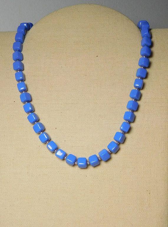 People in Blue Square Logo - Blue Necklace Persian or Cobalt Blue Square Plastic Beads with Small