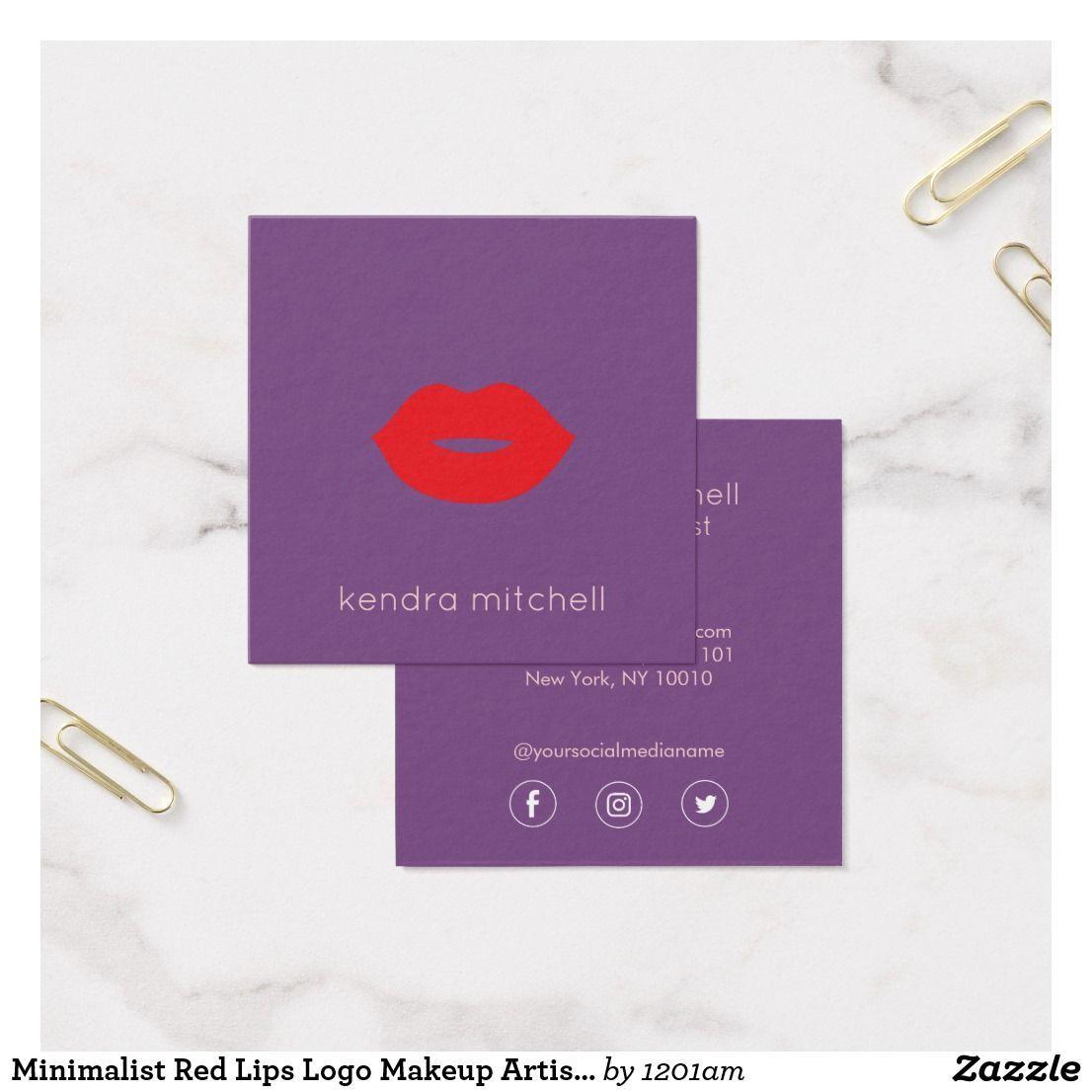 Purple Square Logo - Minimalist Red Lips Logo Makeup Artist Purple Square Business Card ...