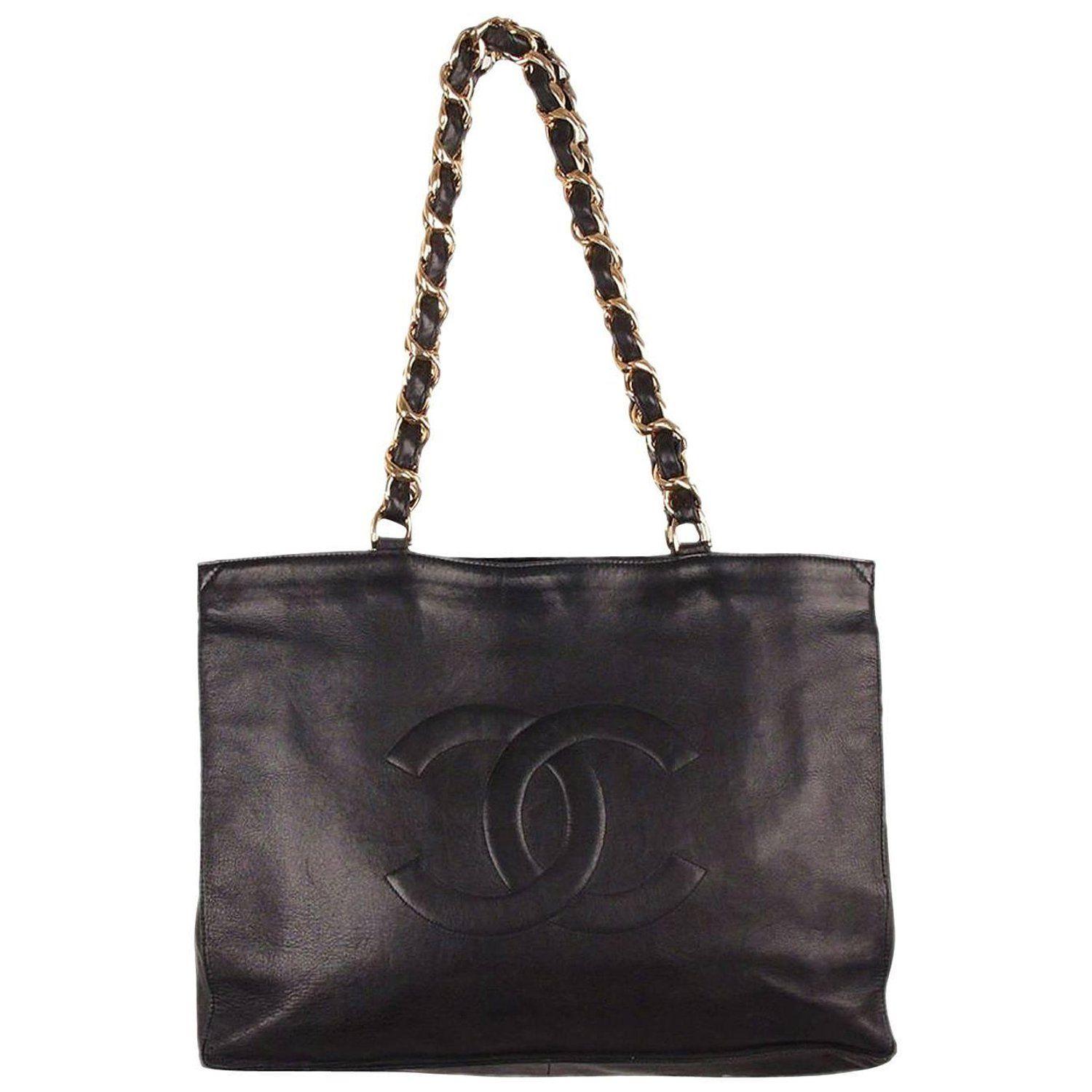 Big Chanel Logo - Chanel Vintage Black Leather Logo Gold Chunky Chain Large Shopping ...