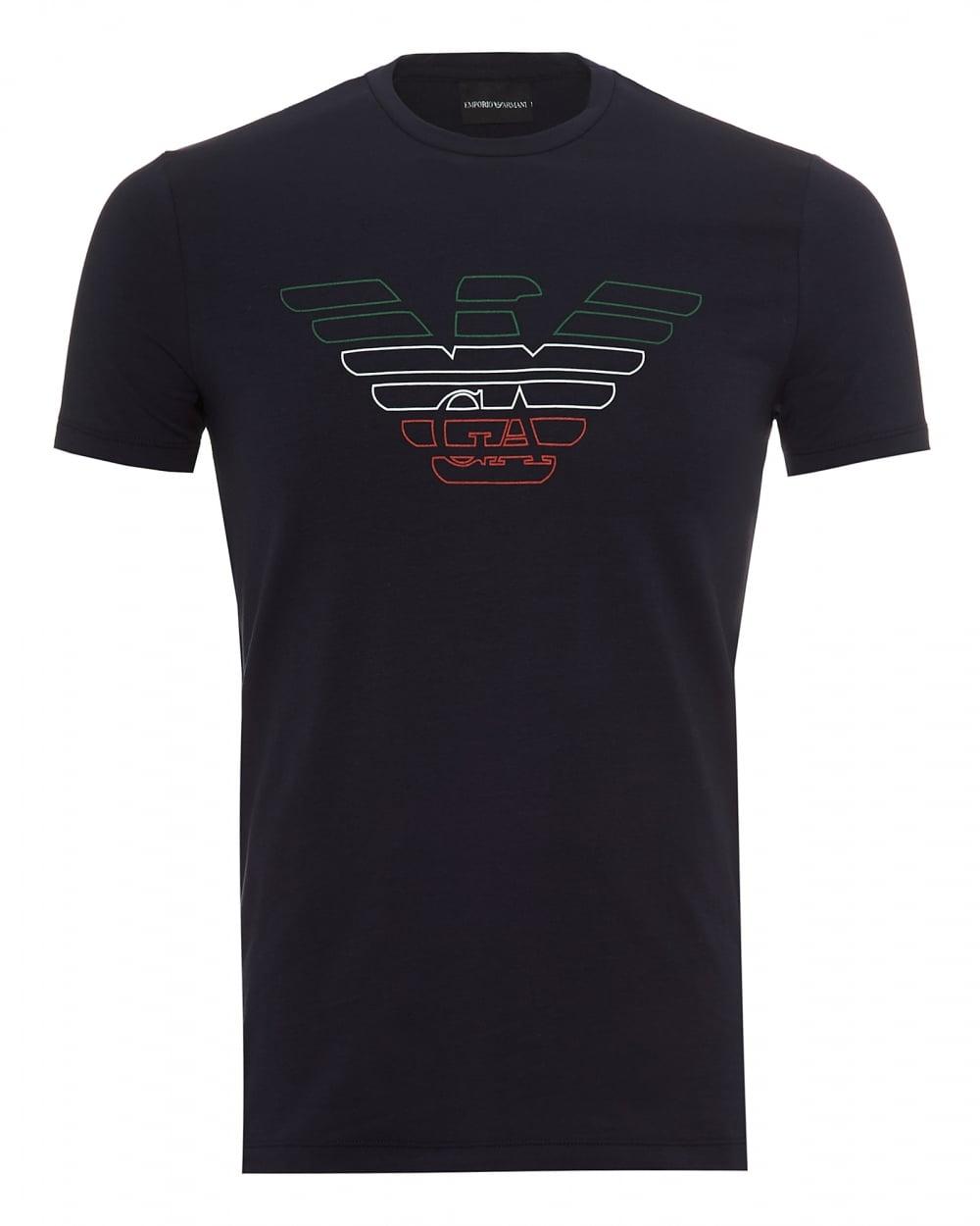 Navy Blue Flag Logo - Emporio Armani Mens Italian Print T Shirt, Eagle Logo Navy Blue Tee