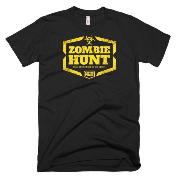 Black and Zombie Logo - Zombie Hunt Shirt with Yellow Logo. Battle Park Paintball