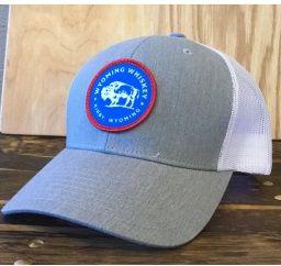 White and Blue Buffalo Logo - Wyoming Whiskey - Grey and White Mesh Trucker Hat with Red White and ...
