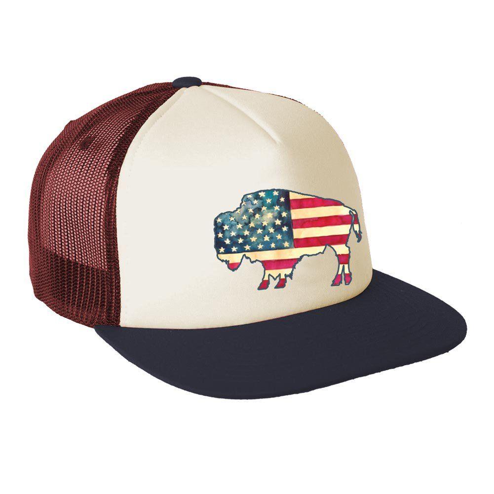 White and Blue Buffalo Logo - Americana Buffalo Farm Boy Red/White/Blue Mesh Back Cap