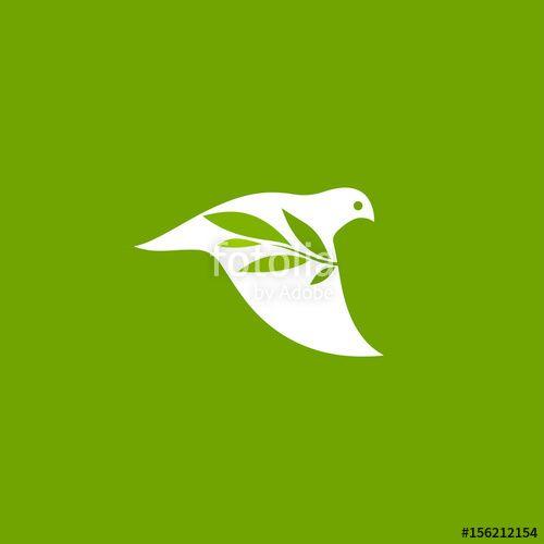 White Green Bird Logo - Peace dove with olive branch on green background. Elegant vector ...