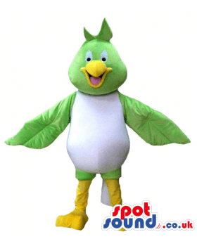 White Green Bird Logo - Happy green bird with big eyes, yellow beak, white belly and yellow