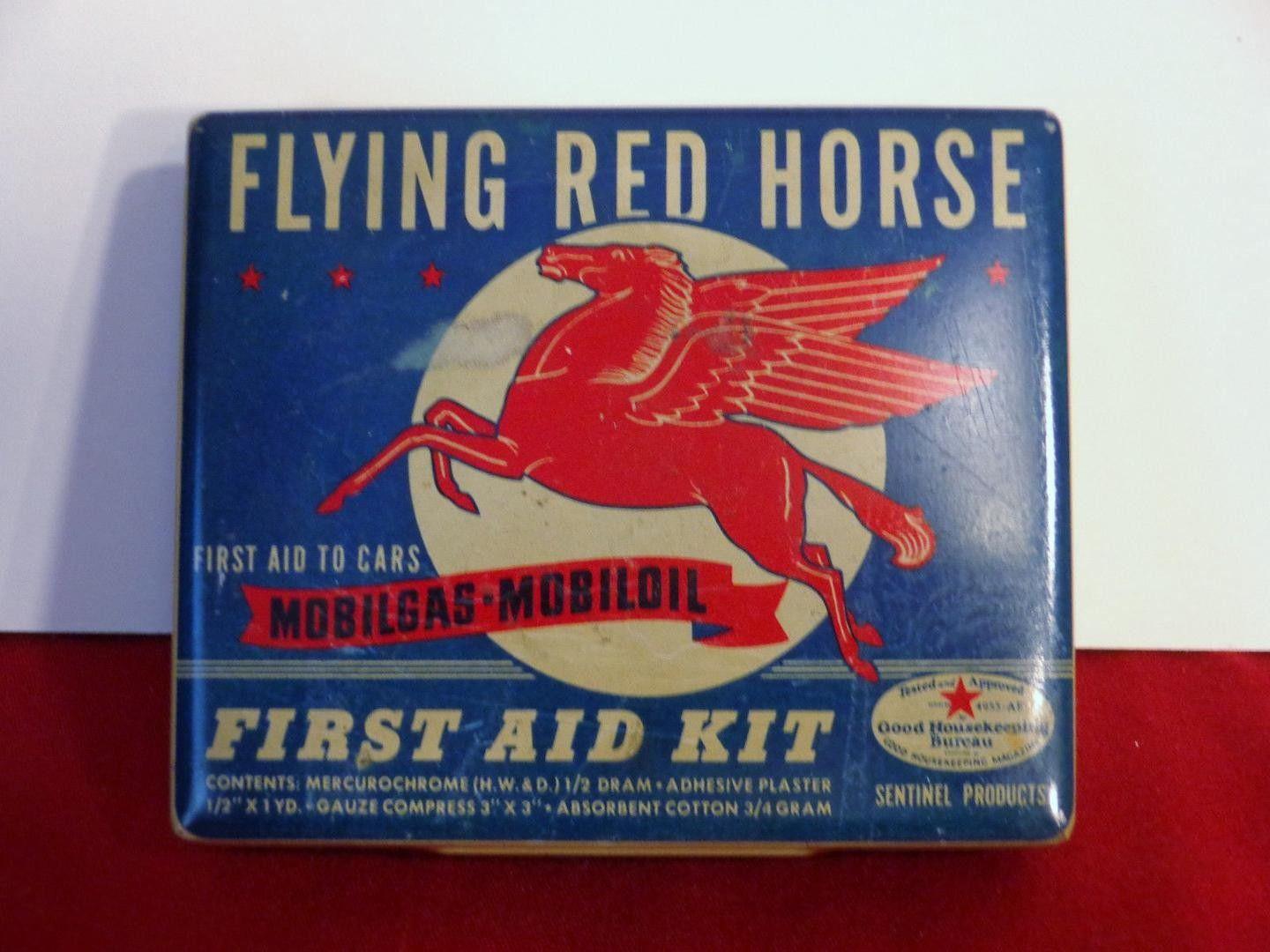 Mobil Flying Red Horse Logo - Flying Red Horse Mobil Oil First Aid Kit w/ Contents Pegasus Gas Tin ...