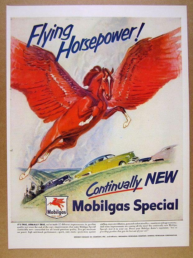 Mobil Flying Red Horse Logo - 1950 Mobil Oil Mobilgas Gas pegasus flying red horse logo art ...