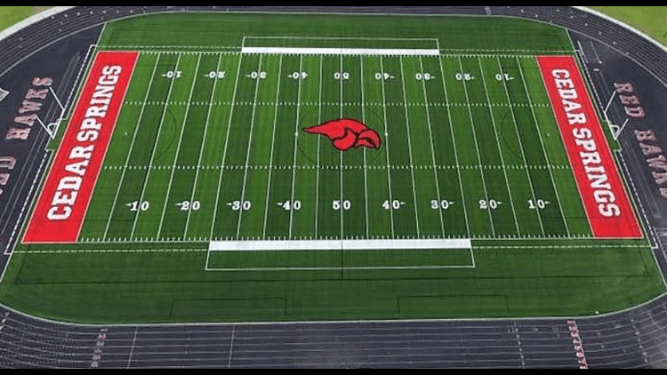 Cedar Springs Red Hawk Logo - New turf and scoreboard at Red Hawk Stadium in Cedar Springs ...