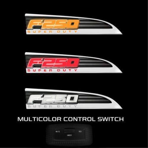 Red and White F Logo - 2011 2016 F250 SuperDuty Chrome Light Up Fender Emblems White