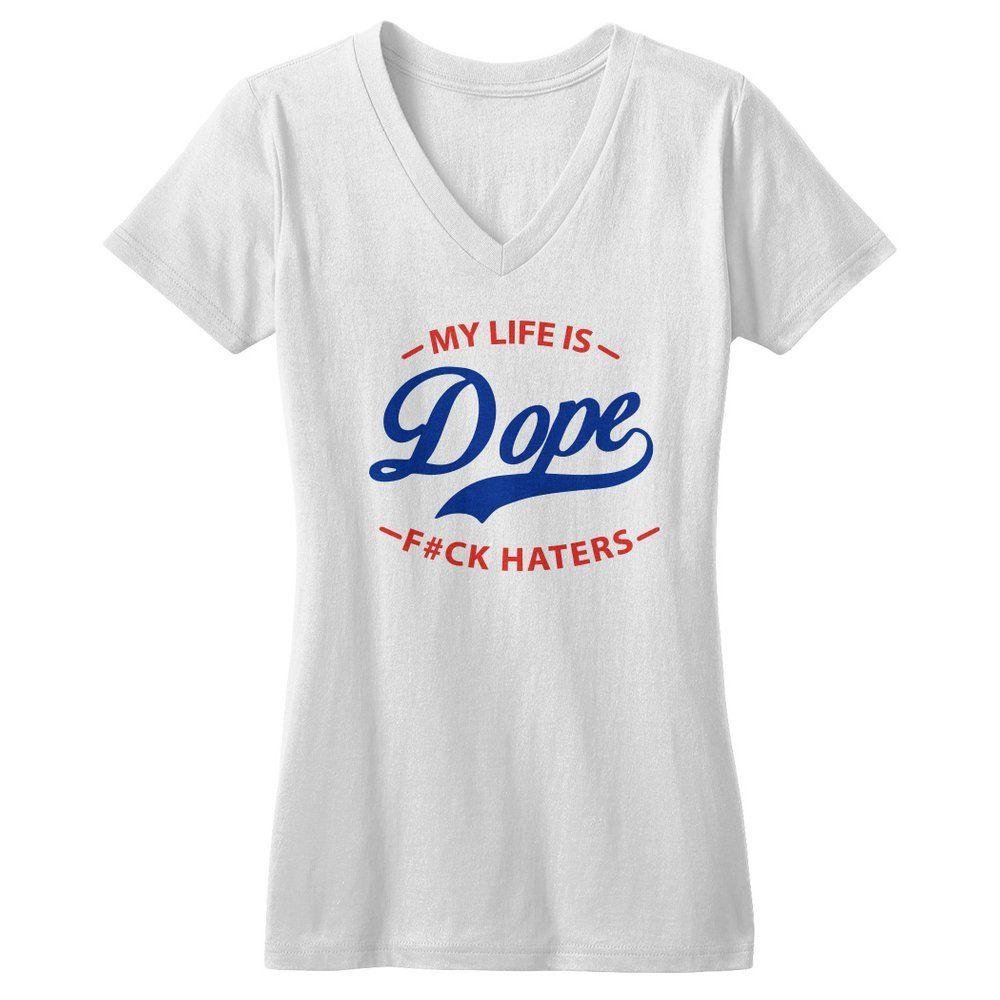 Red and White F Logo - Red, White & Blue Women's My Life Is Dope F#ck Haters V Neck T Shirt