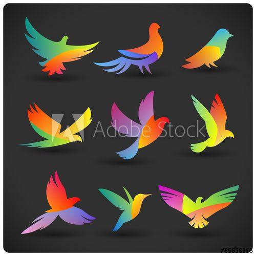 Orange Flying Bird Logo - Set of colorful flying birds logo elements. Rainbow silhouettes on ...