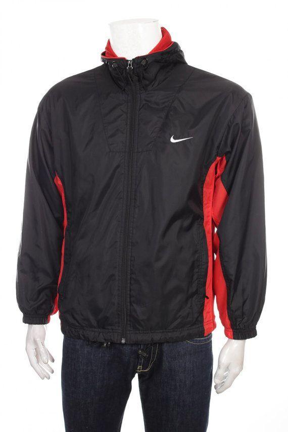 Black Red Swoosh Logo - Vintage 90s Nike Swoosh Windbreaker Tracksuit Top jacket Big Logo