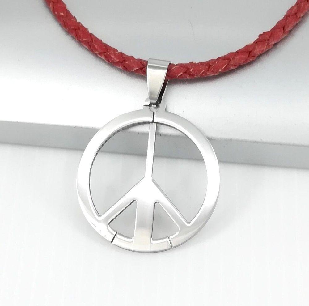 Hippie Peace Sign Logo - Silver Retro Hippy Hippie Peace Sign Pendant Red Braided Leather ...