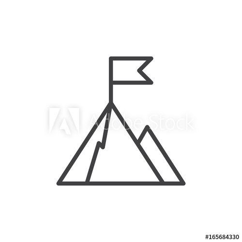 Mountain Outline Logo - Top of mountain with flag line icon, outline vector sign, linear