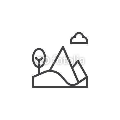 Mountain Outline Logo - Mountain hill, tree and cloud outline icon. linear style sign