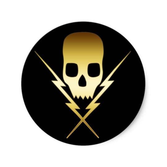 Skull with Lightning Bolt Logo - GOLD SKULL AND LIGHTNING BOLTS CLASSIC ROUND STICKER | Zazzle.co.uk