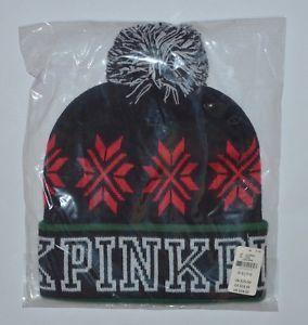 Red Snowflake Logo - VICTORIA'S SECRET PINK LOGO BLACK RED SNOWFLAKE GREEN POM BEANIE HAT ...