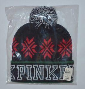 Red Snowflake Logo - VICTORIA'S SECRET PINK LOGO BLACK RED SNOWFLAKE GREEN POM BEANIE HAT