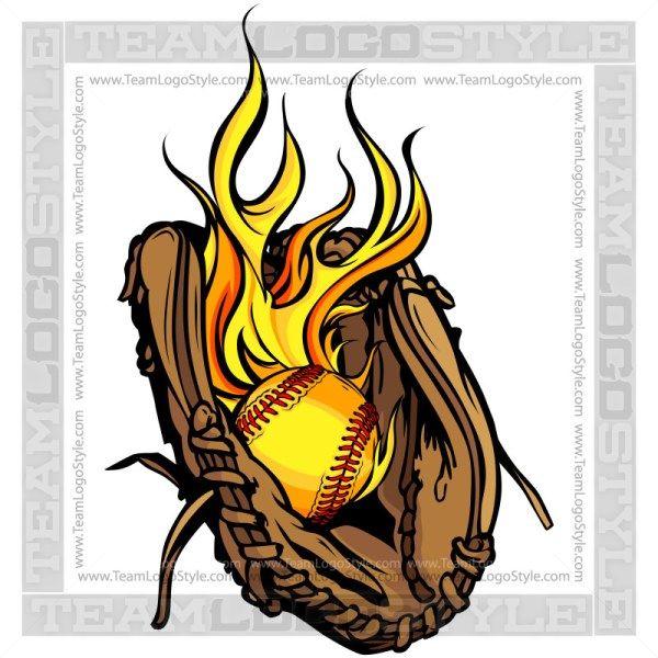 Flame Fastpitch Logo - Flaming Softball Logo - Vector Clipart Glove with Flaming Softball
