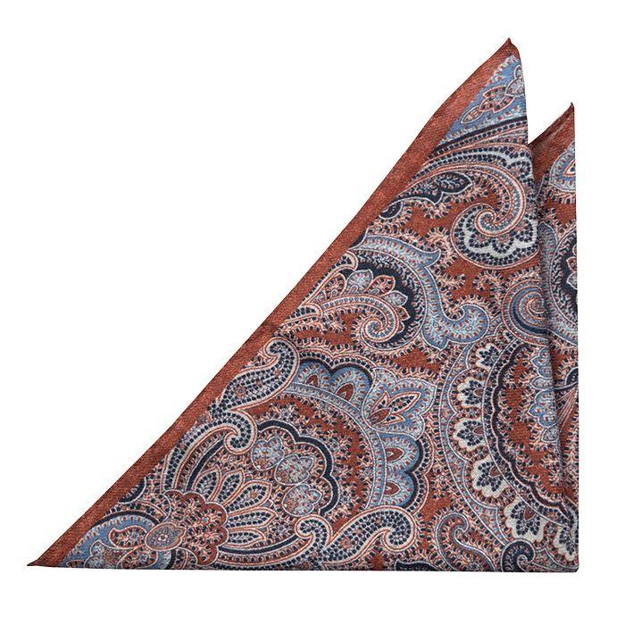 Orange and Blue U Logo - Pocket Square, dark orange, blue and white large paisley