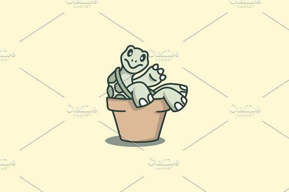 Cute Turtle Logo - Cute Turtle Leaning Back on Pot Logo ~ Illustrations ~ Creative Market