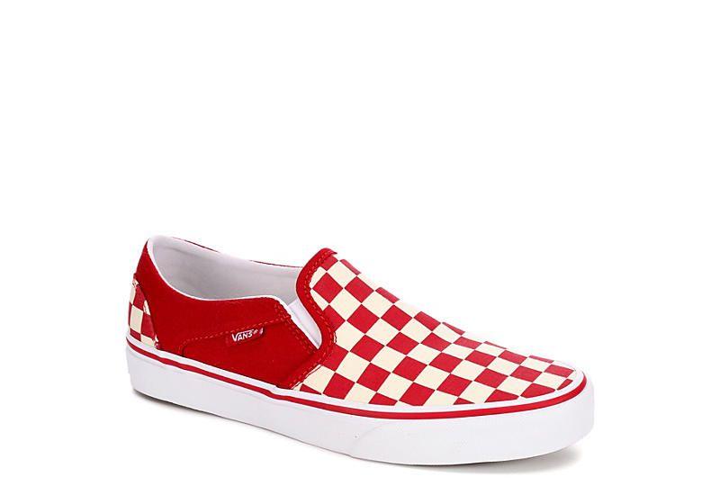 Vans Red Checkerboard Logo - Red Vans Asher Checkerboard Women's Slip On Sneakers. Off Broadway
