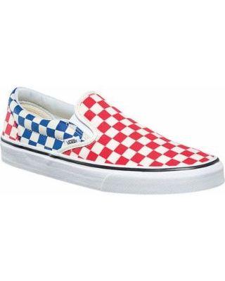 Vans Red Checkerboard Logo - Get The Deal: Vans Classic Slip On Red Blue Canvas