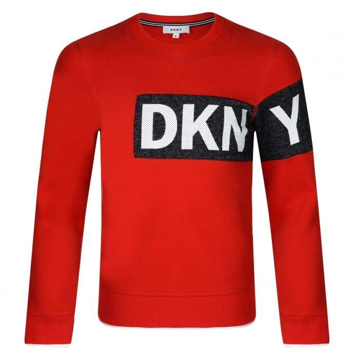 Grey and Red Logo - DKNY Boys Red Logo Jumper with Grey Stripe from Chocolate